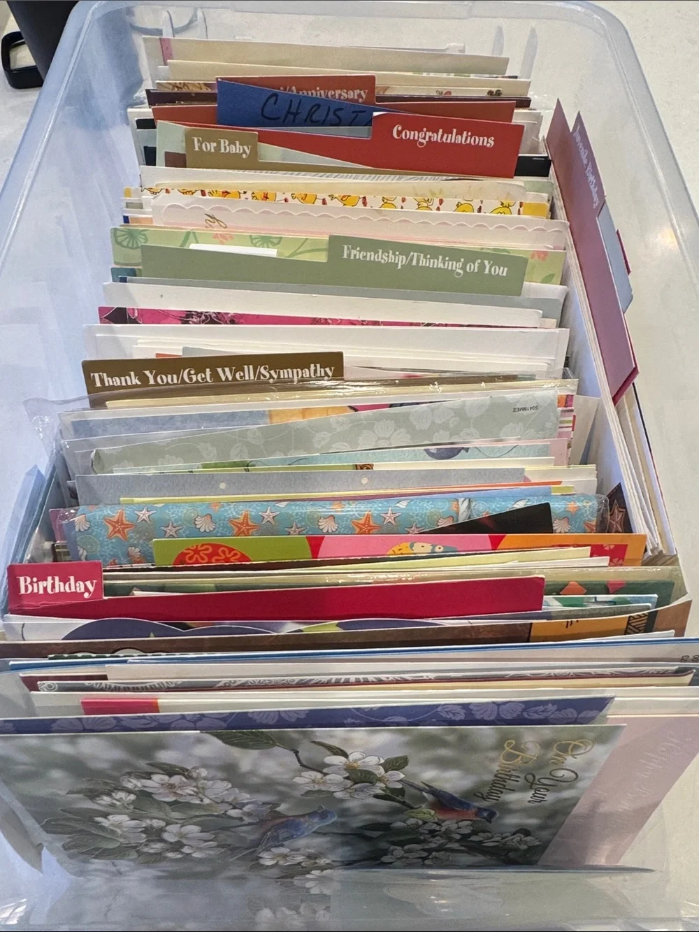 Greeting cards will send in card board boxes not plastic, to heavy to ship.